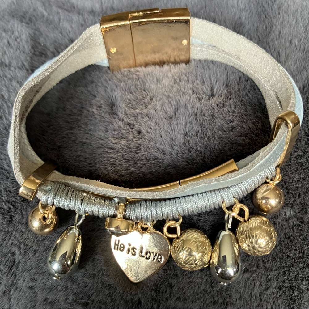 He Is Love Gold‎ & Silver Charms on Gray Layered Leather Bracelet Magnetic Clasp